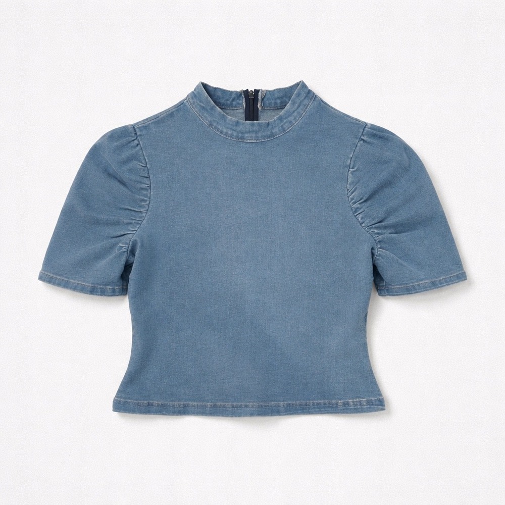 Blue Denim Puff Short Sleeve Mock Neck Top US L Light Back Zip‎ Western Cowgirl